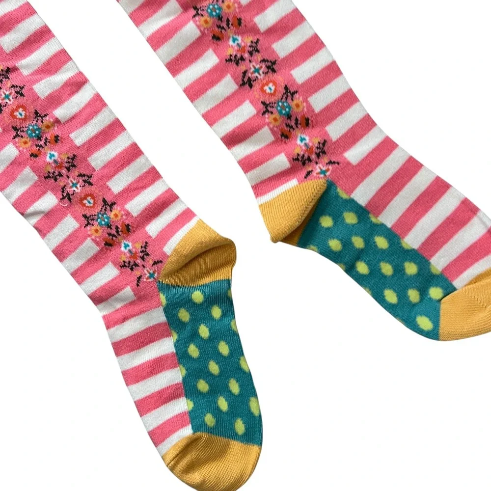 Matilda Jane Girls Socks Knee High Pink Striped Teal Cuff Button Size S‎
